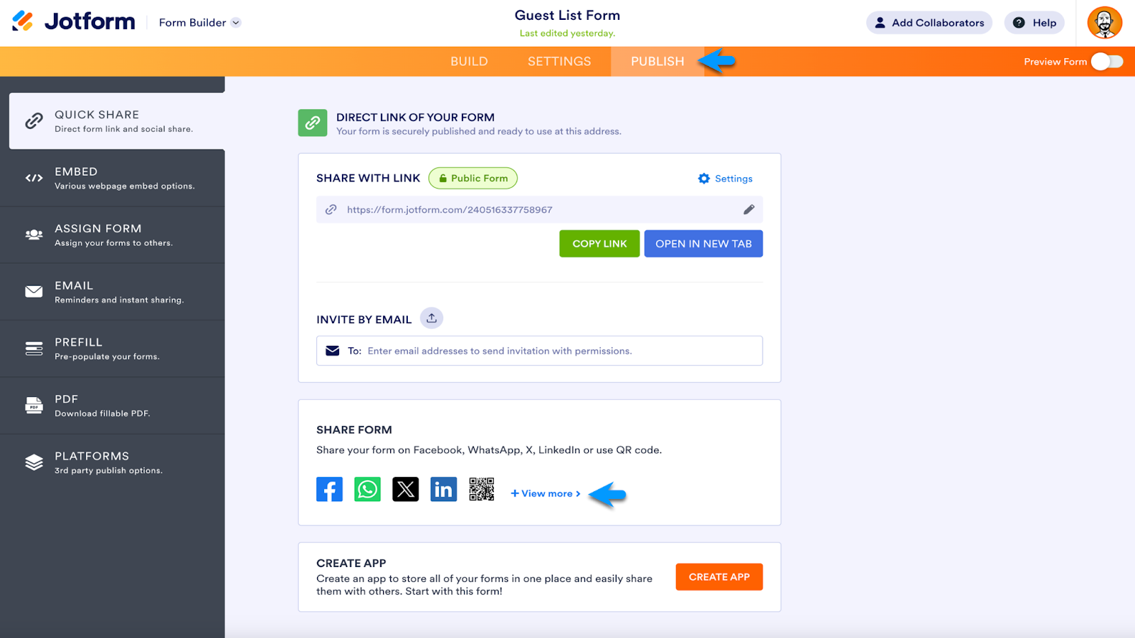 Screenshot of Jotform Form Builder clicking on the Publish tab, viewing Quick Share options and clicking on "View More"