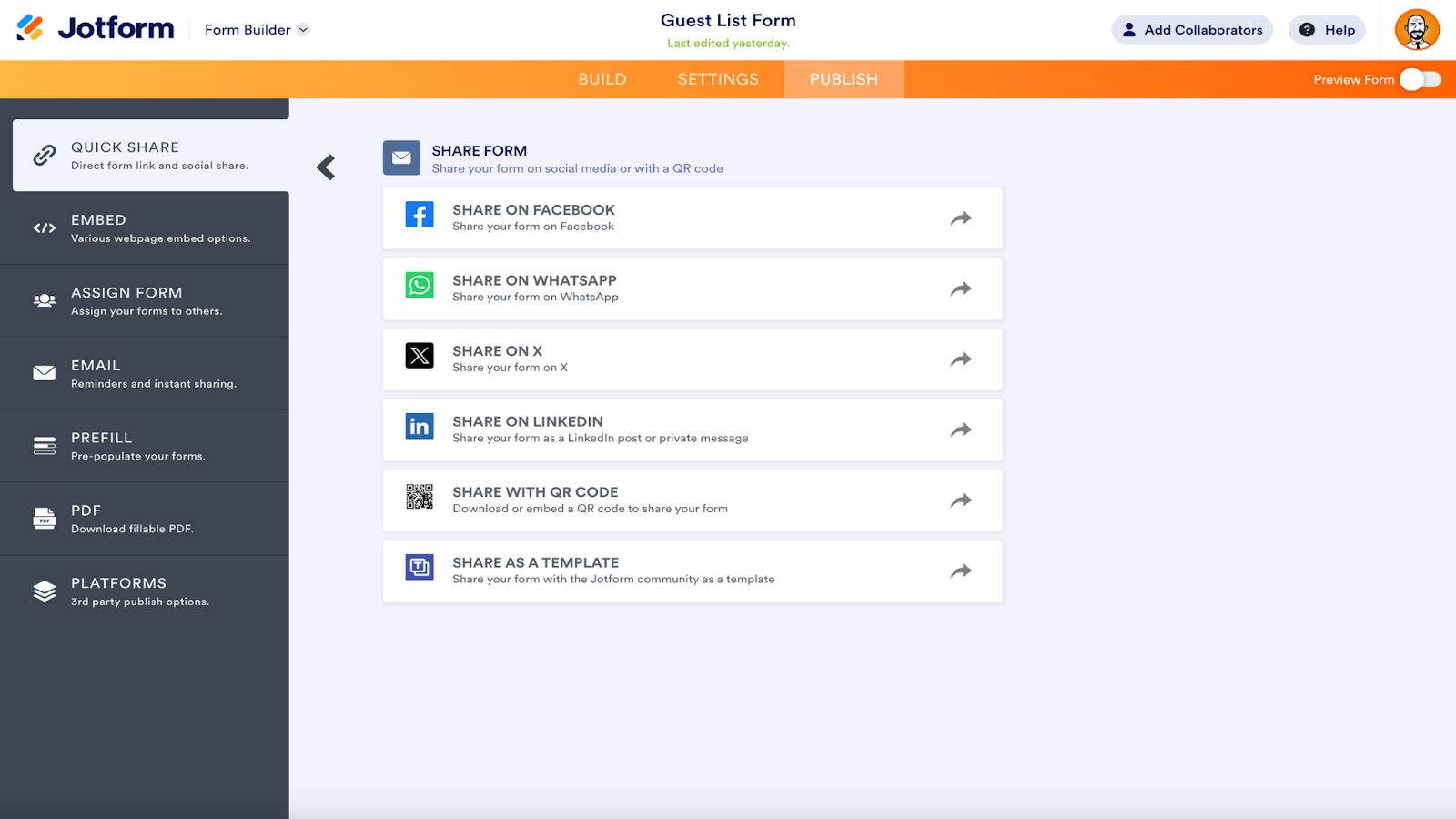 Screenshot of Jotform Form Builder clicking on the Publish tab, viewing Share Form options under the Quick Share tab