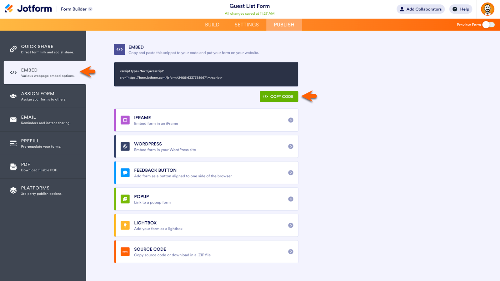 Screenshot of Jotform Form Builder clicking on the Embed tab under the Publish tab, then clicking on "Copy Code"