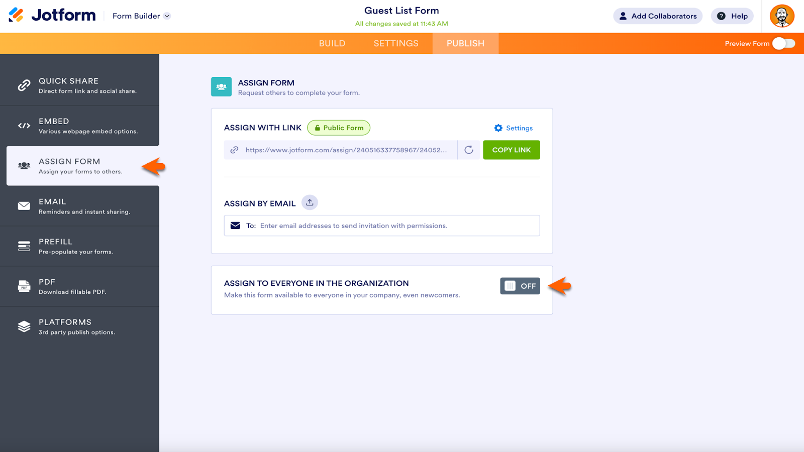 Screenshot of Jotform Form Builder clicking on Assign Form under the Publish tab and toggling "Assign to Everyone in the Organization" to Off