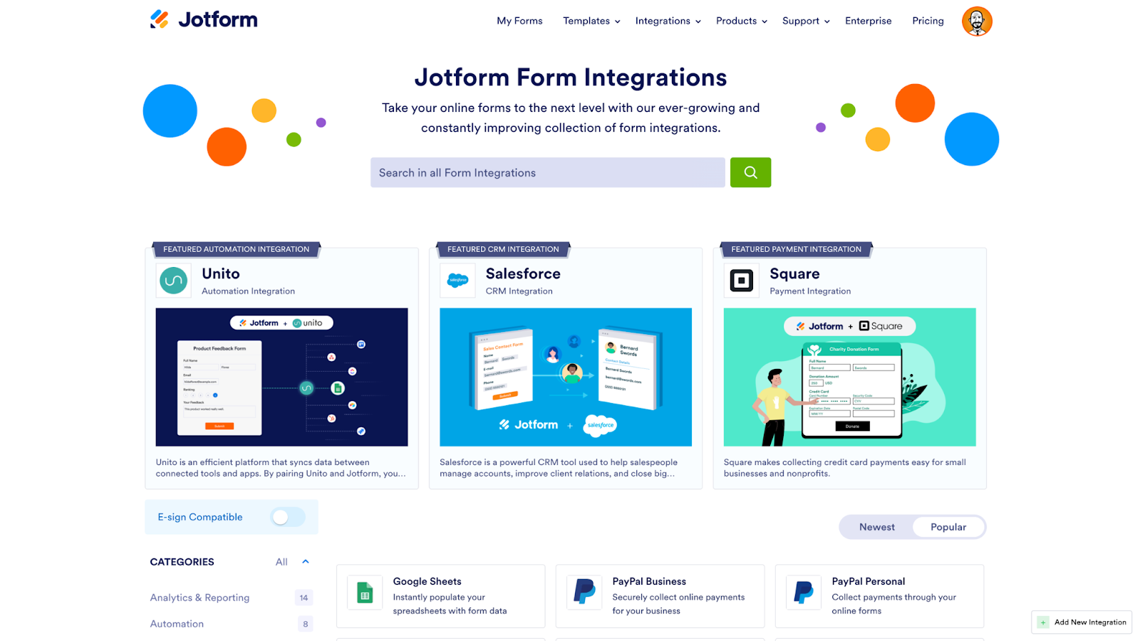 Screenshot of Jotform Form Integrations Page