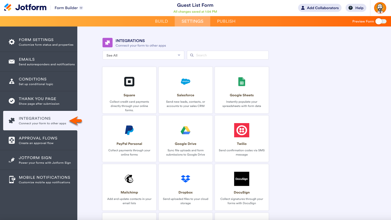 Screenshot of Jotform Form Builder clicking on Integrations tab