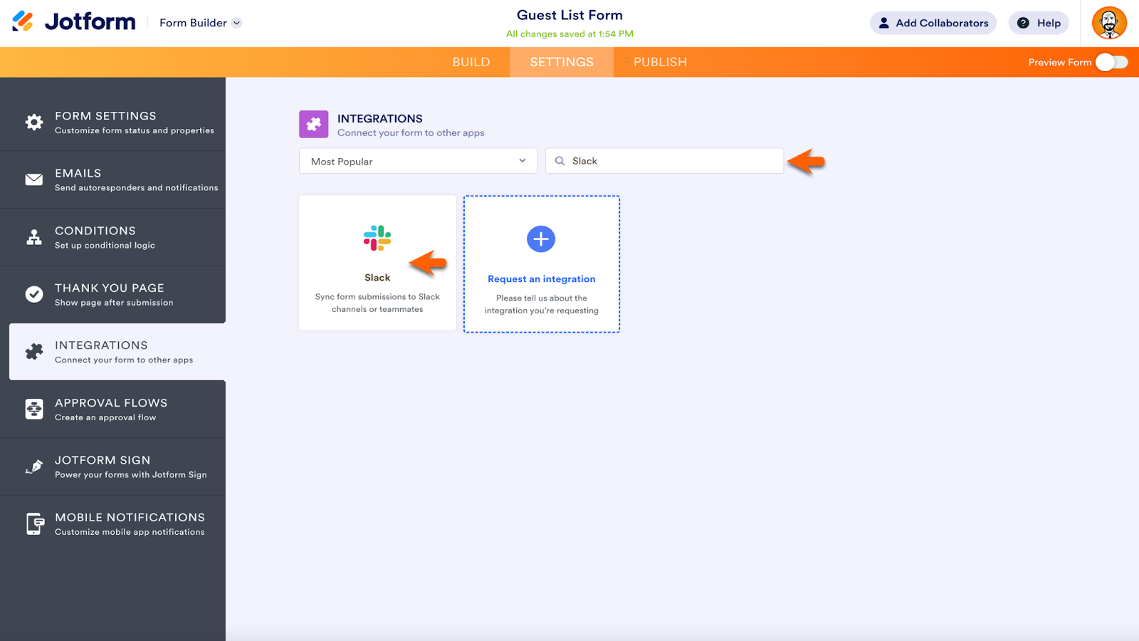Screenshot of Jotform Form Builder Integrations page searching for Slack and clicking on the integration's tile