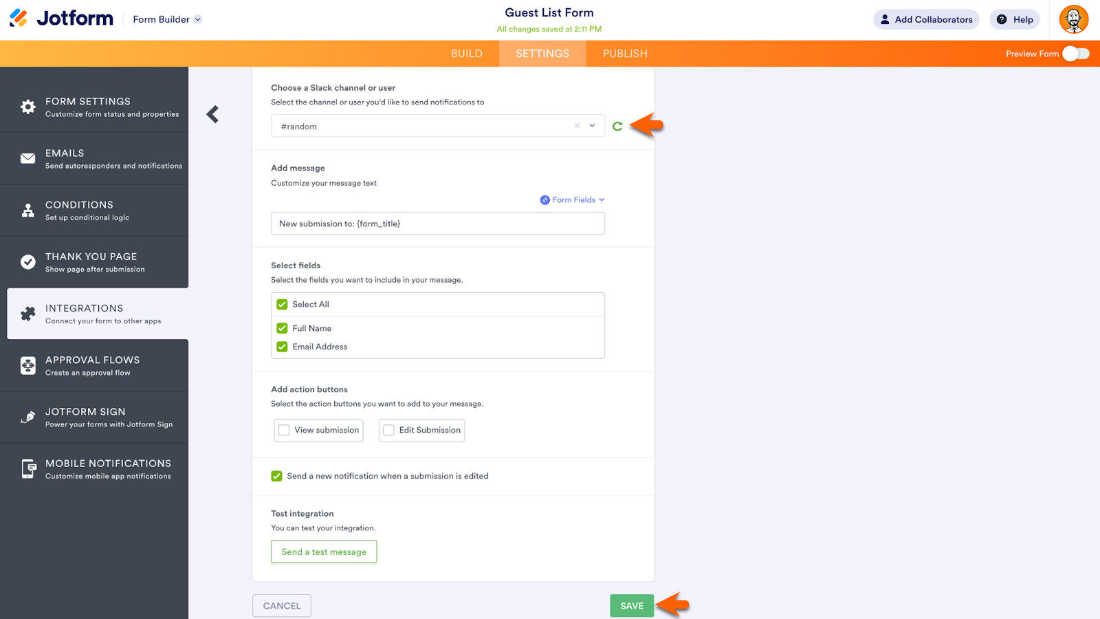 Screenshot of Jotform Form Builder viewing additional options of Slack integration page clicking on the turning green arrow and clicking on the "Save" button