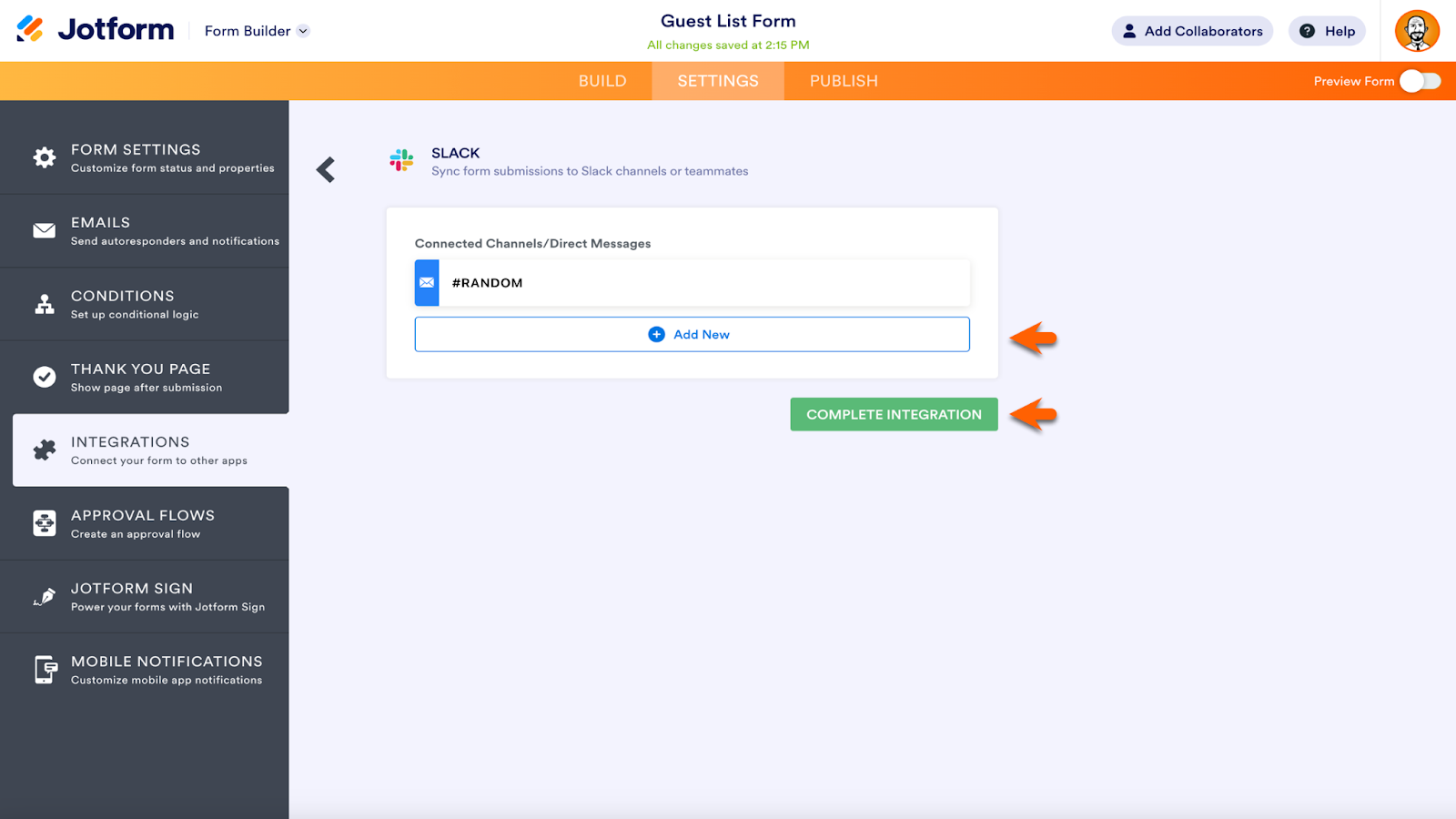Screenshot of Jotform Form Builder viewing Slack integration page clicking on "Add New" and then "Complete Integration" button