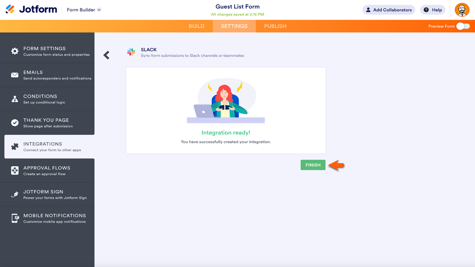 Screenshot of Jotform Form Builder viewing Slack integration page clicking on "Finish" button