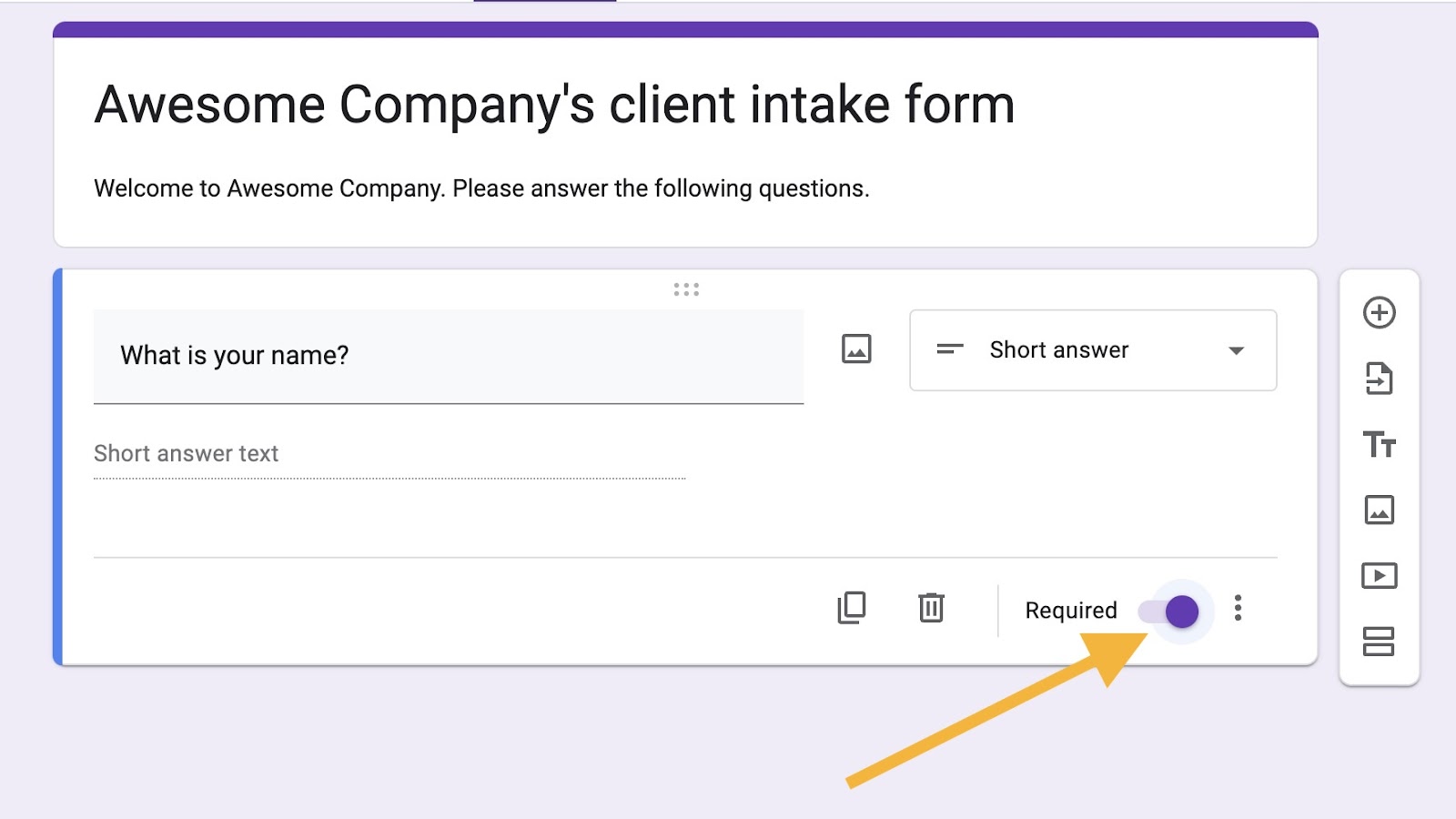 Tangkapan layar di Google Forms dari pertanyaan dengan panah menunjuk ke slider toggle "Diperlukan"