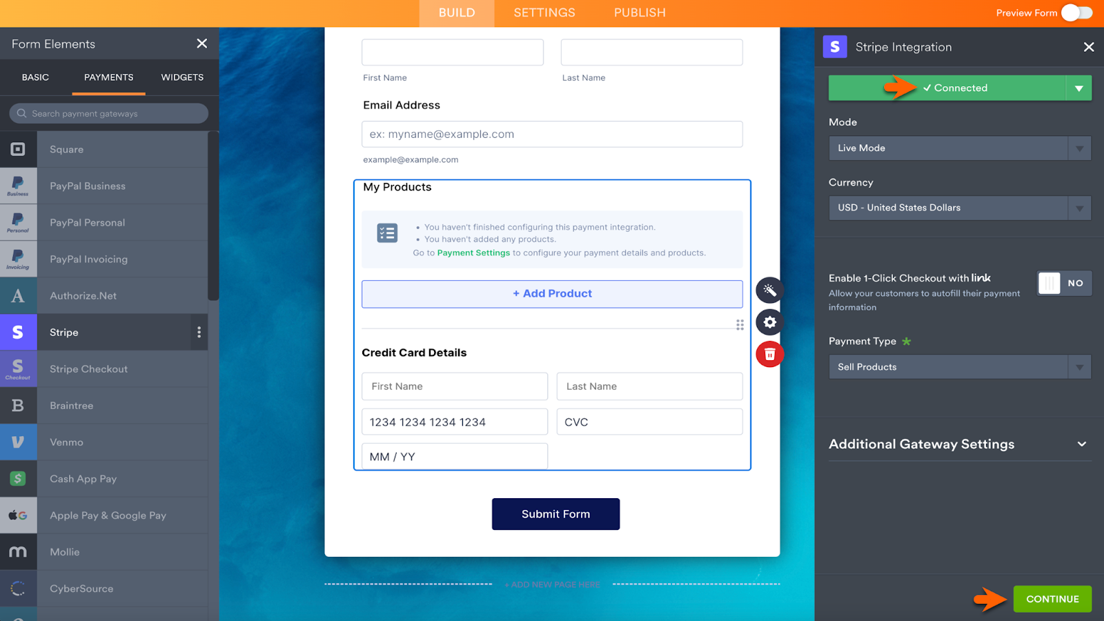 Screenshot of Jotform Form Builder adding Stripe payment gateway to the form, clikcing on "Continue" button after the integration is connected