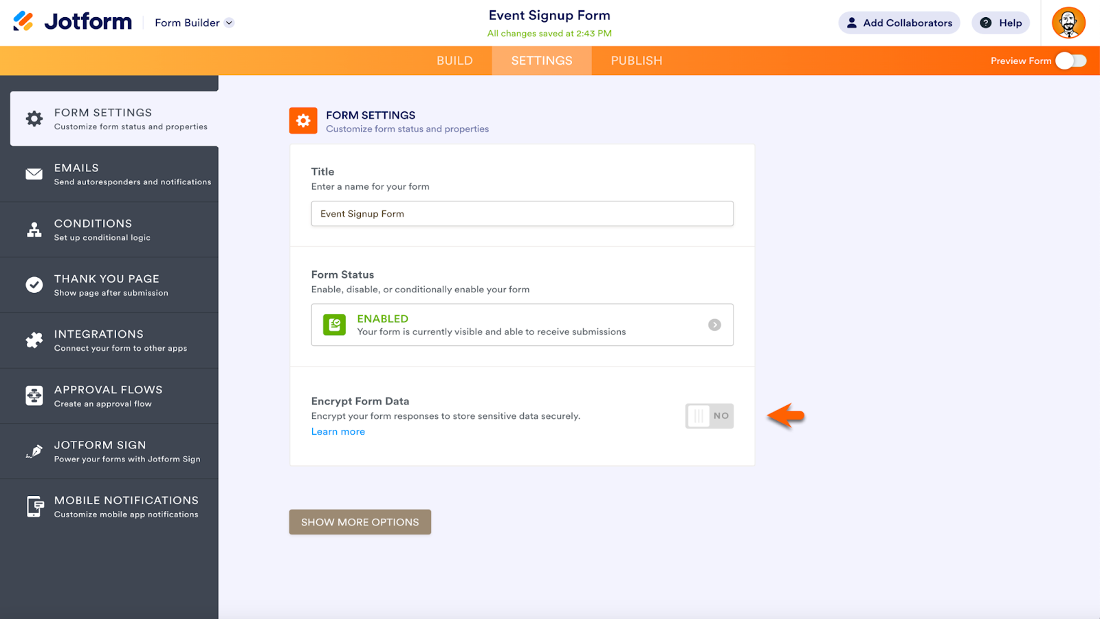 Screenshot of Jotform Form Builder viewing Form Settings and toggling "Encrypt Form Data" option to On