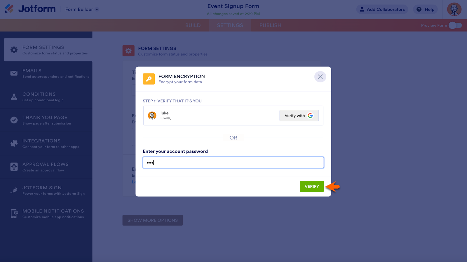 Screenshot of Jotform Form Builder viewing Form Encryption window entering the account password and clicking on "Verify" button