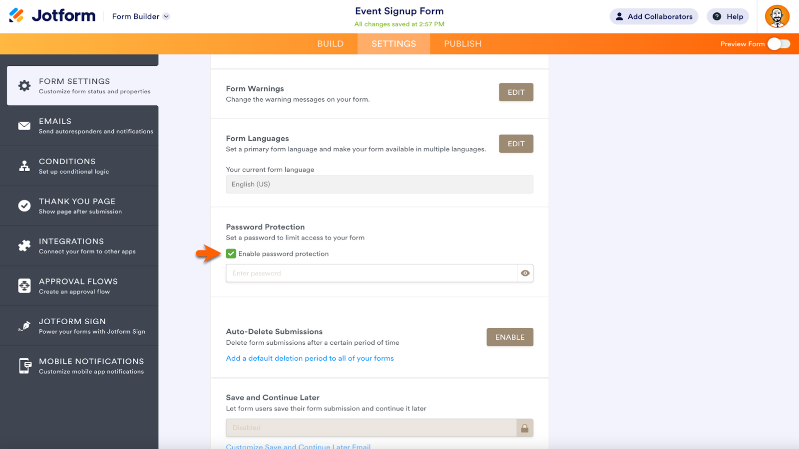 Screenshot of Jotform Form Builder viewing the options of Form Settings and clicking "Enable password protection" option