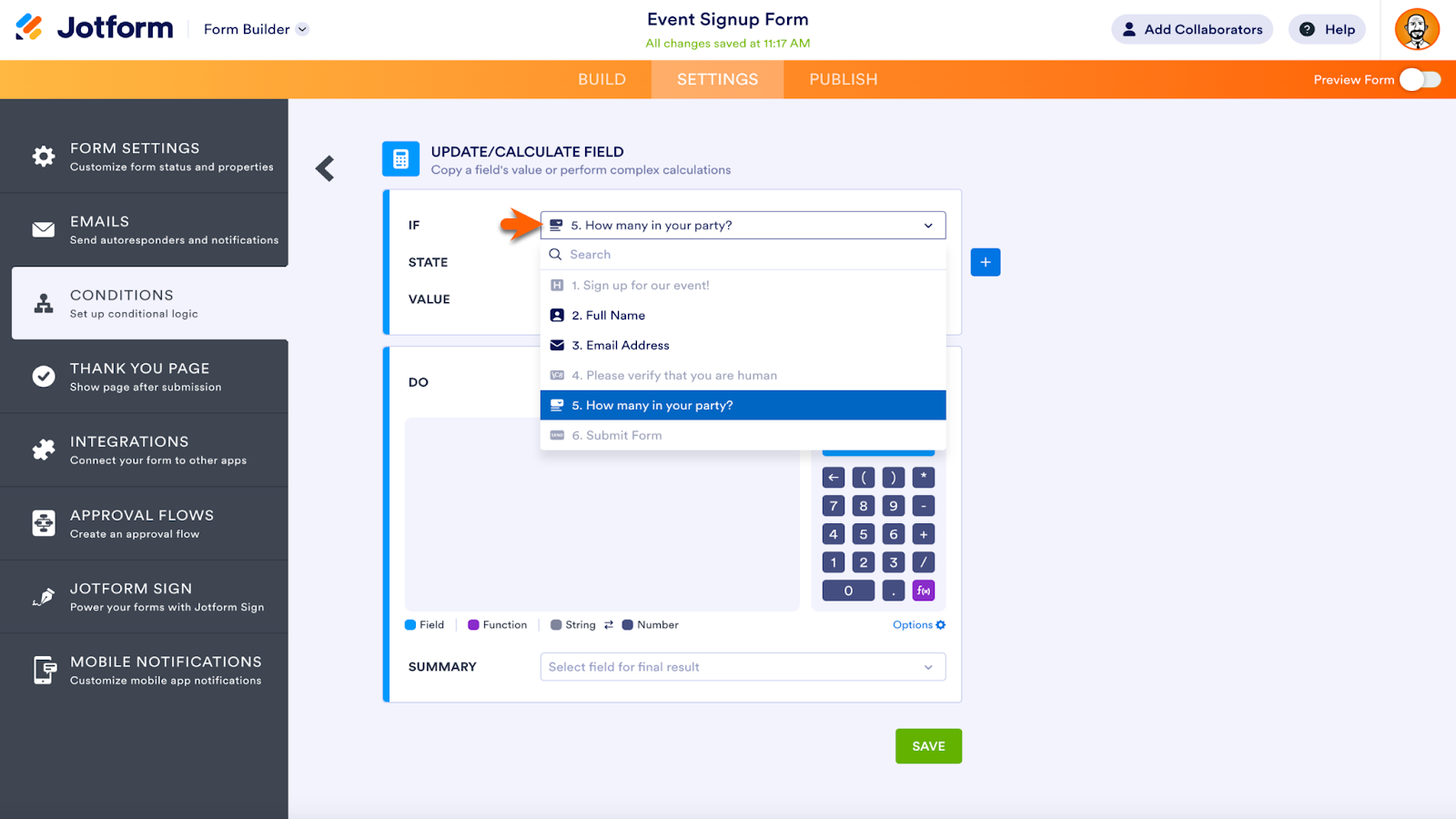 Screenshot of Jotform Form Builder showing the Update/Calculate Field page under Conditions Tab selecting the field for the "If" field to set the condition