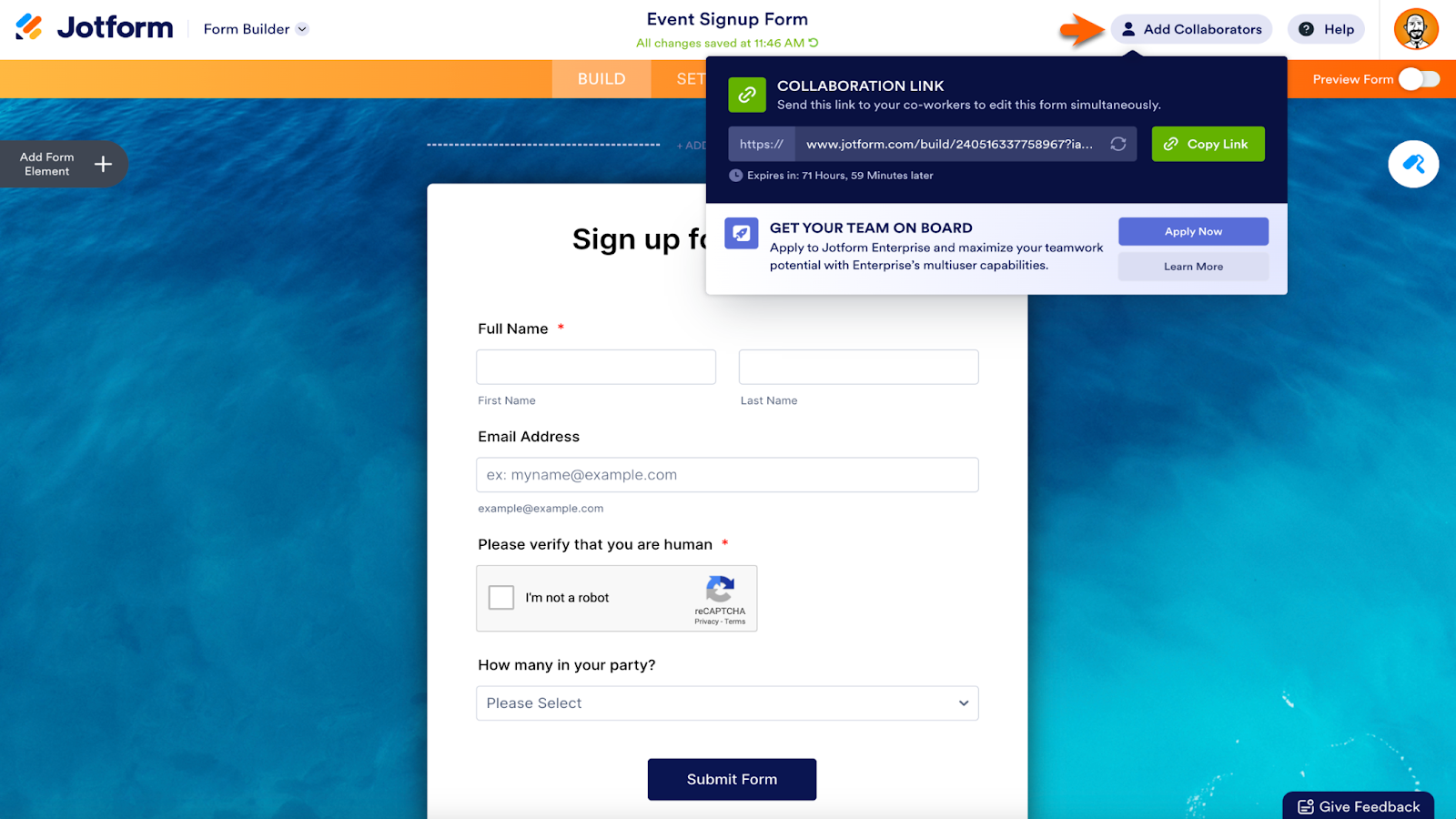 Screenshot of Jotform Form Builder clicking on "Add Collaborators" button