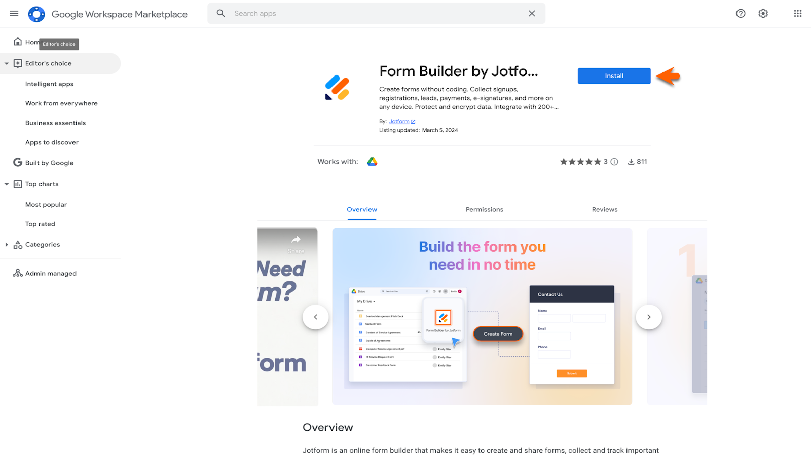 Screenshot of "Form Builder by Jotform" app in Google Workspace Marketplace clicking on "Install" button