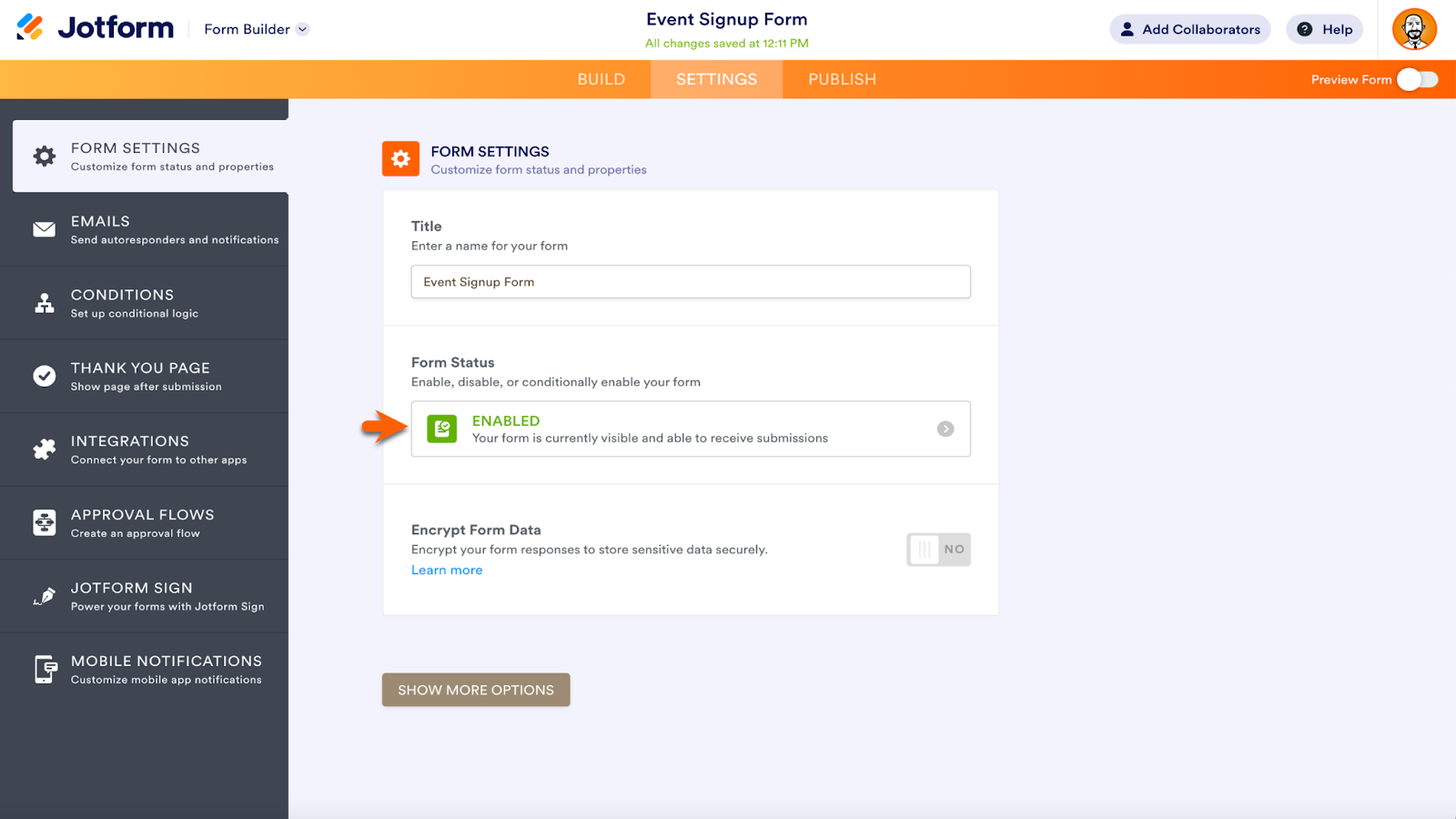 Screenshot of Jotform Form Builder showing the Form Status as Enabled