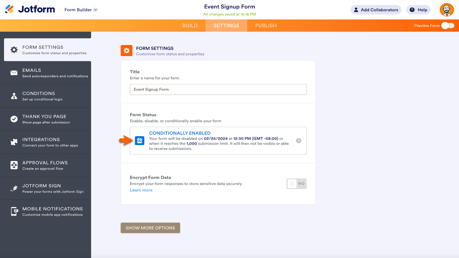 Screenshot of Jotform Form Builder showing the Form Status as Conditionally Enabled