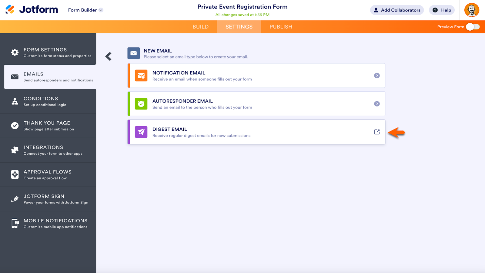 Screenshot of Jotform Form Builder viewing New Email page under the Emails tab clicking on "Digest Email" option