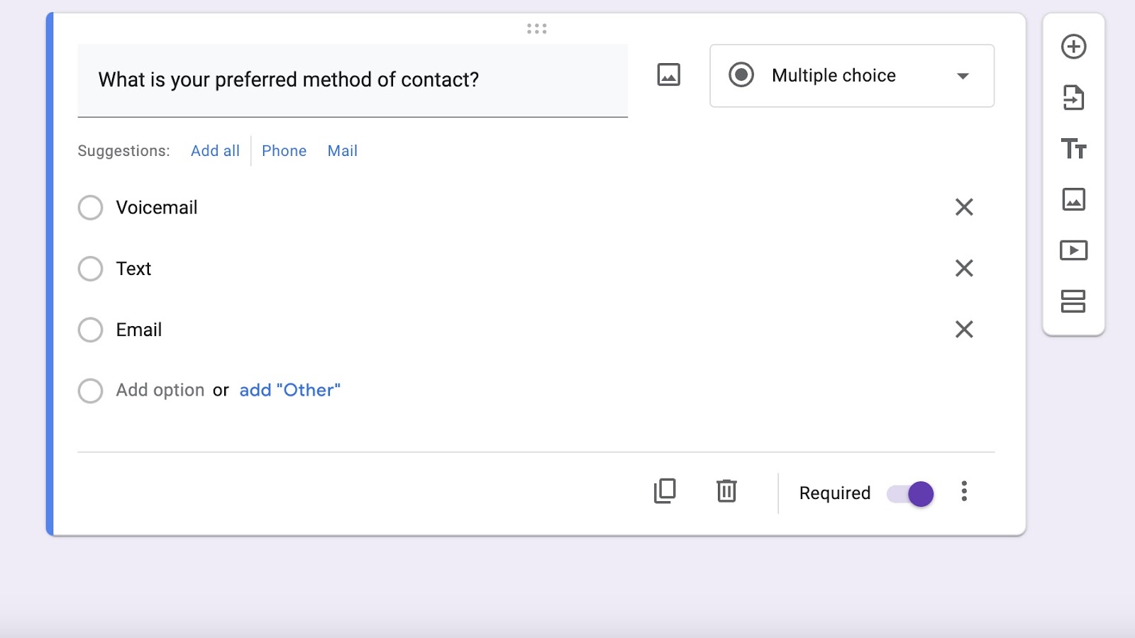 Tangkapan layar dari pertanyaan dalam Google Form yang menanyakan "Apa metode kontak pilihan Anda?" Pilihan jawaban adalah pesan suara, teks, dan email