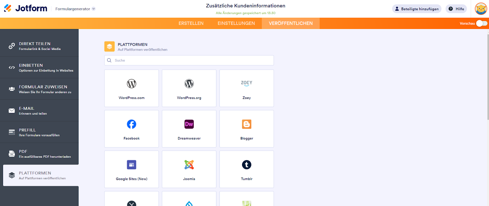Registerkarte "Plattformen" im Jotform Formulargenerator