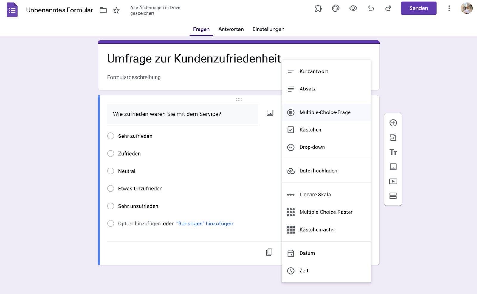 Screenshot aus der Google Forms-Umfrage zur Kundenzufriedenheit