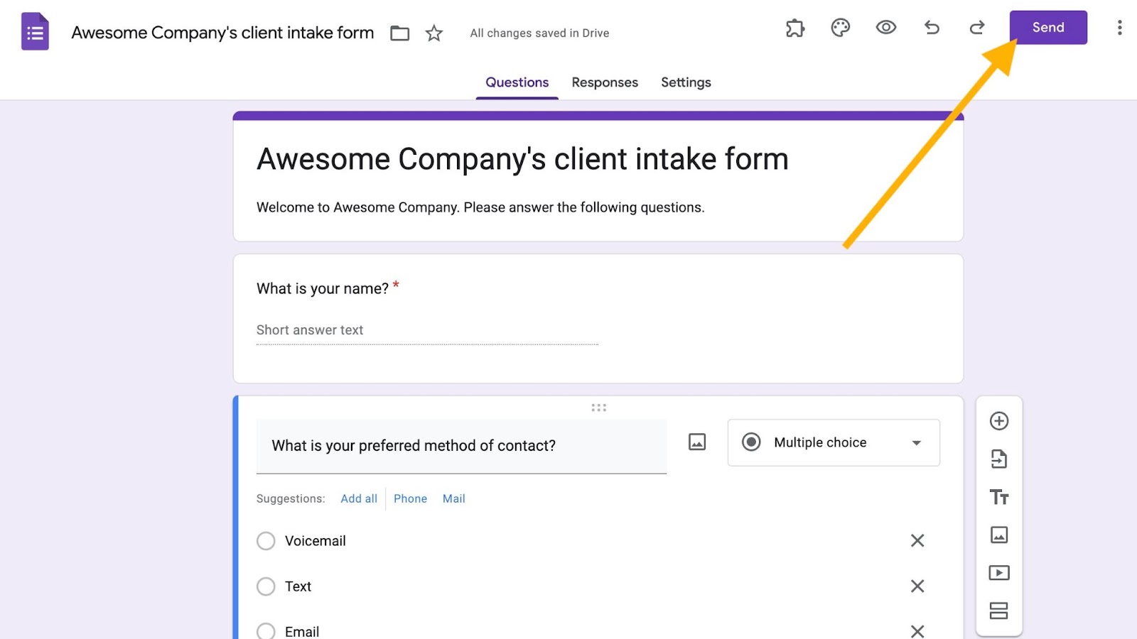 Tangkapan layar Google Form dengan panah menunjuk ke tombol Kirim di sudut kanan atas halaman