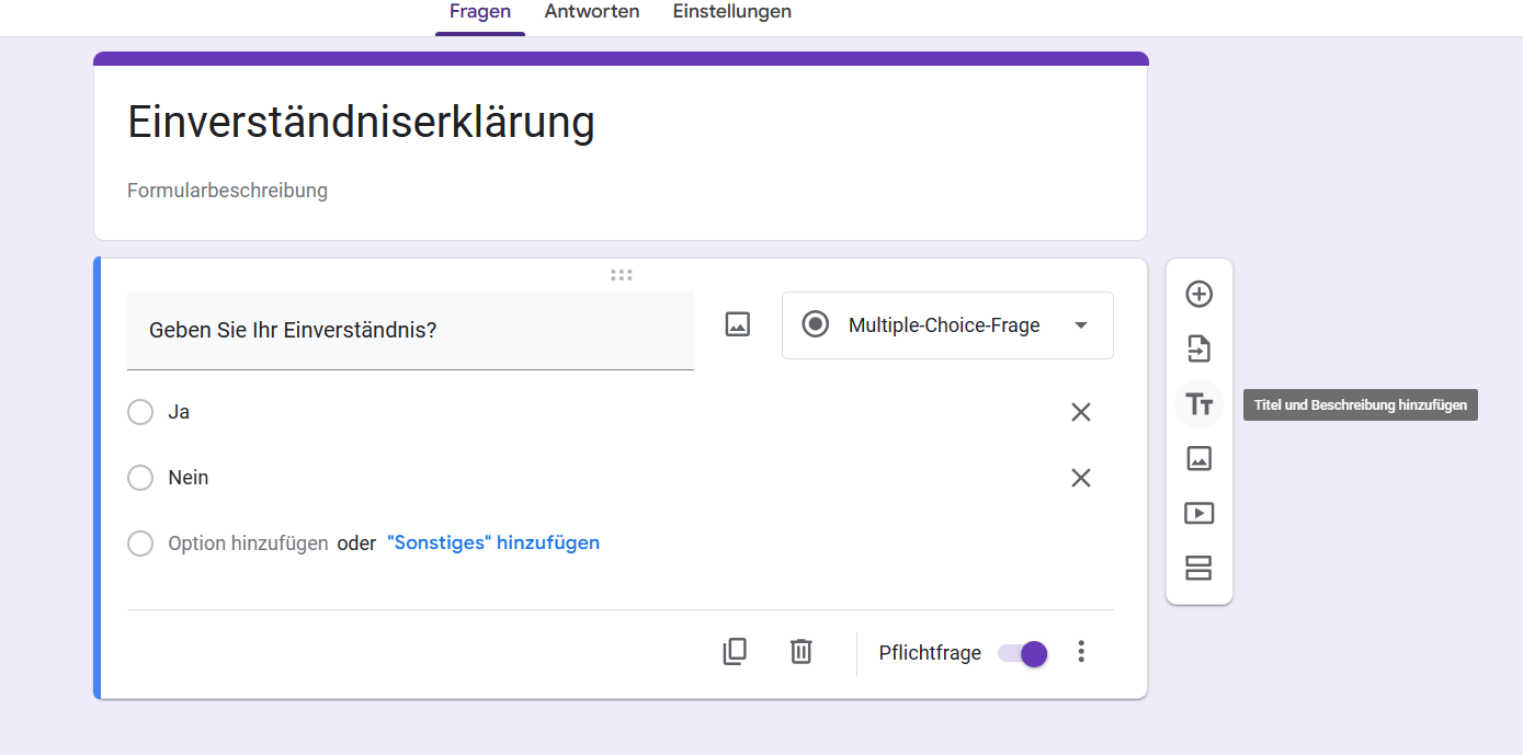 Screenshot der Seitenleiste von Google Formulare Fragen und Optionen mit hervorgehobenen Button"Titel und Beschreibung hinzufügen"