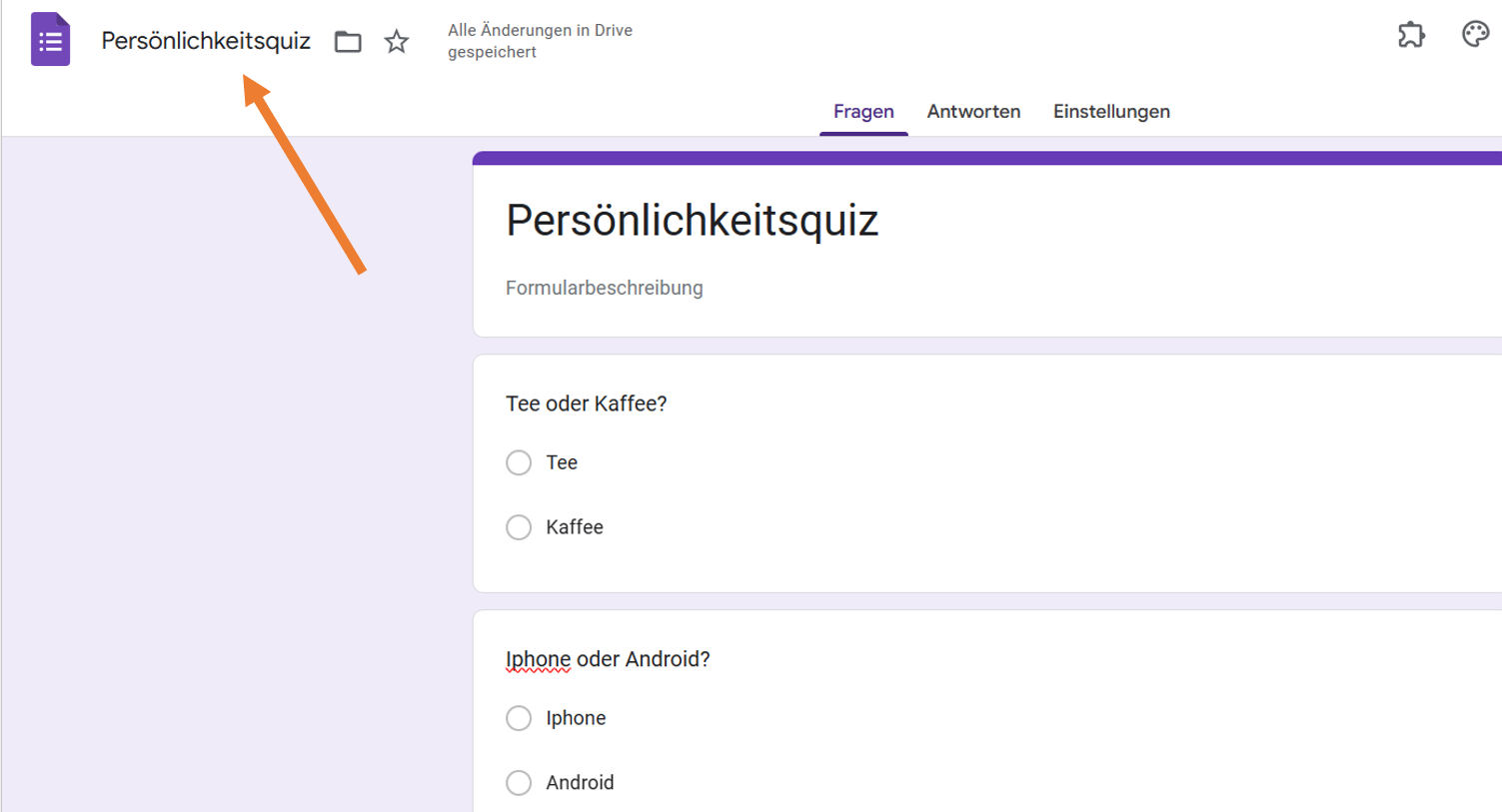 Ein Online-Persönlichkeitsquiz mit Fragen zur Auswahl zwischen Tee oder Kaffee und iPhone oder Android