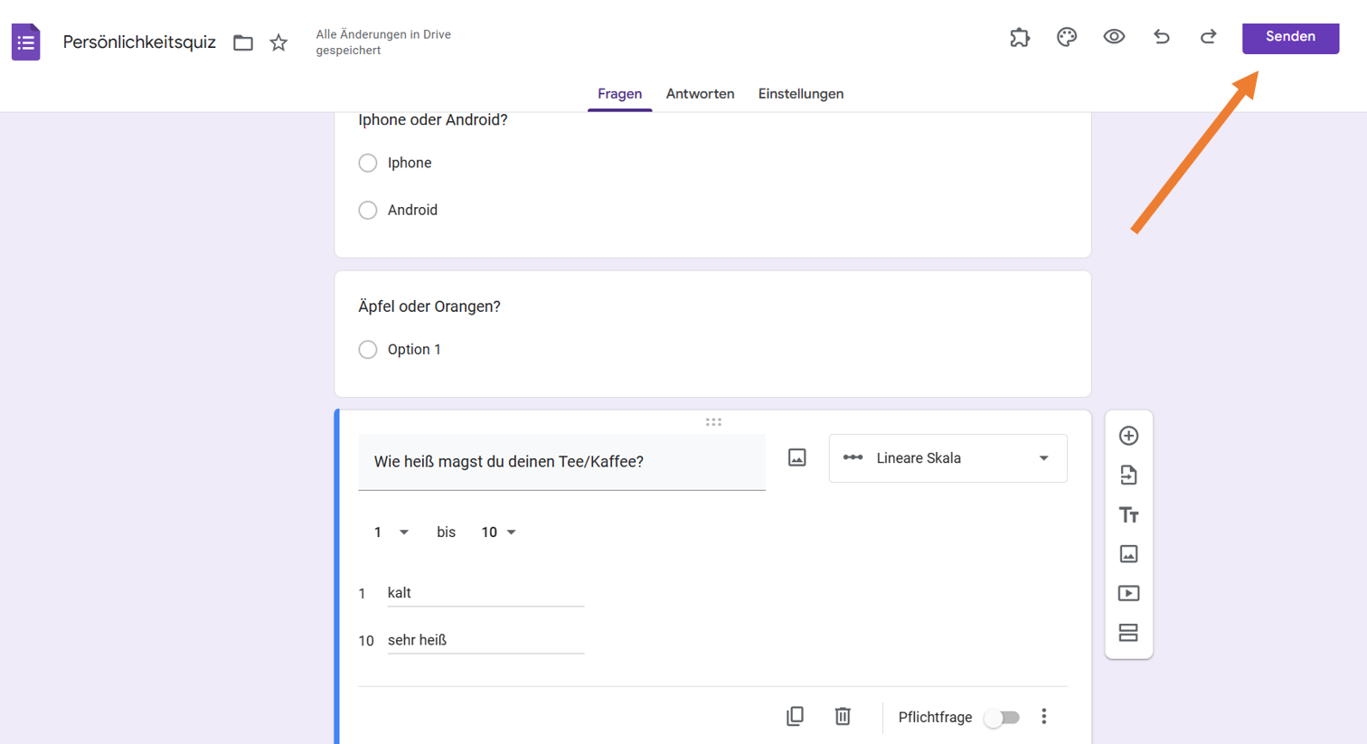 Ein Formularbearbeitungsbildschirm mit einer hervorgehobenen Schaltfläche "Senden", die angibt, wohin das Formular nach dem Ausfüllen weitergeleitet werden soll