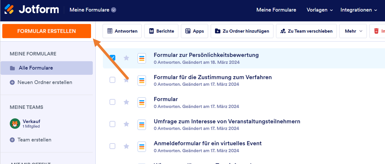 Eine Benutzeroberfläche von Jotform mit einem hervorgehobenen Button "Formular erstellen", die verschiedene Formulare zeigt