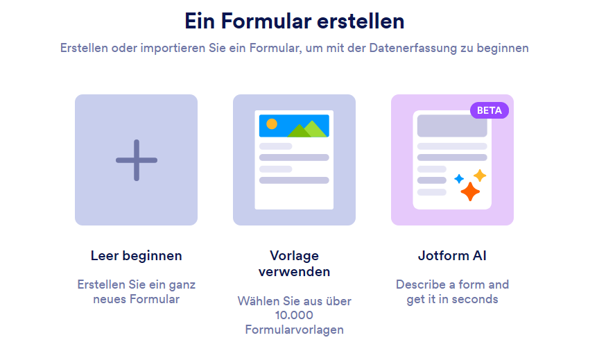 Eine Schnittstelle mit Optionen zum Erstellen eines Formulars: 'Von Grund auf neu beginnen', 'Vorlage verwenden', 'Formular importieren' und 'E-Signatur Dokument erstellen'