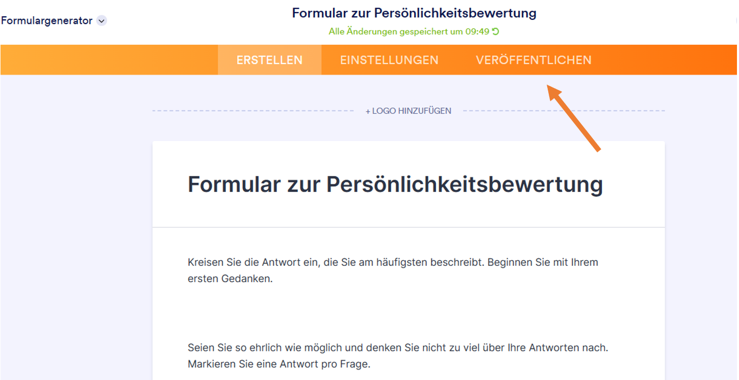 Eine Formularerstellungsoberfläche mit der hervorgehobenen Registerkarte 'Veröffentlichen', die anzeigt, wo das Formular 'Persönlichkeitsbewertung' freigegeben werden kann, sobald es fertig ist