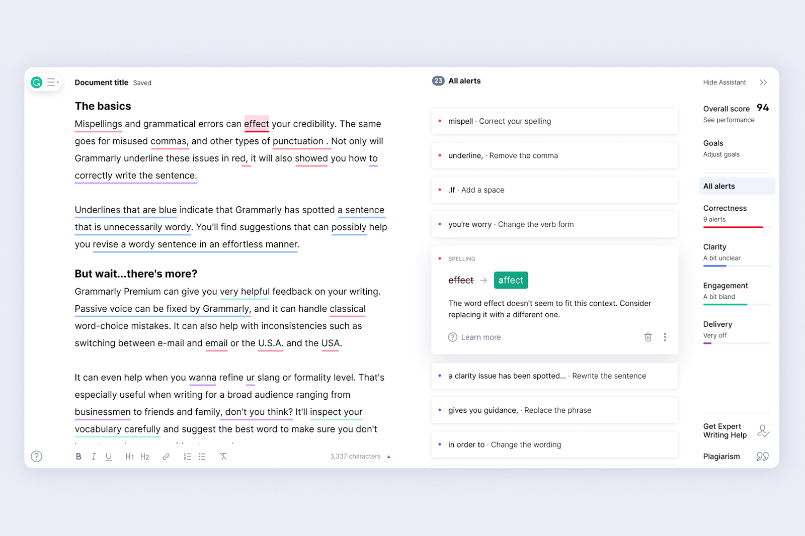 Benutzeroberfläche von Grammarly