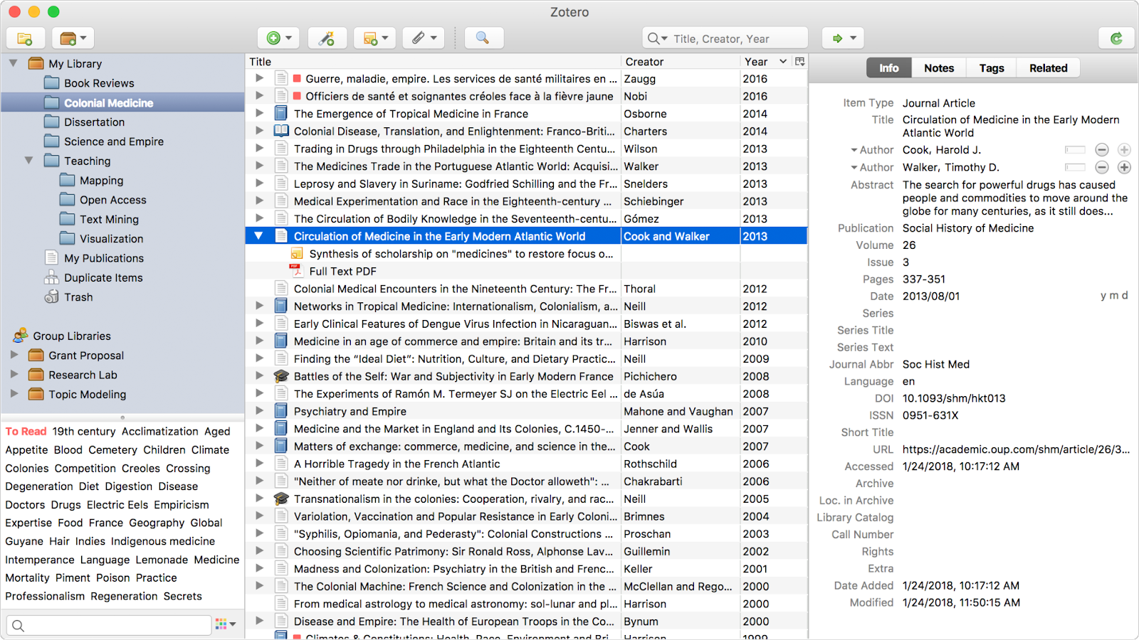 Benutzeroberfläche von Zotero