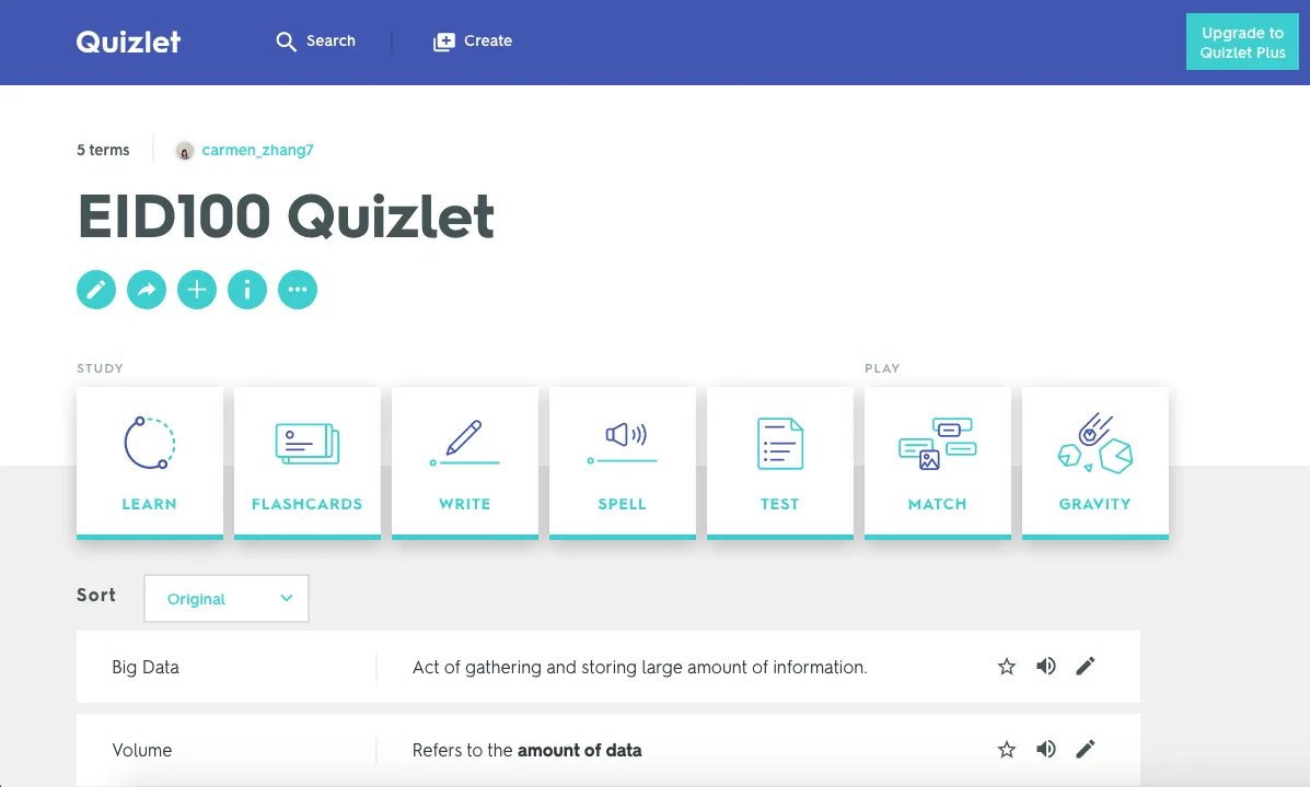 Benutzeroberfläche von Quizlet