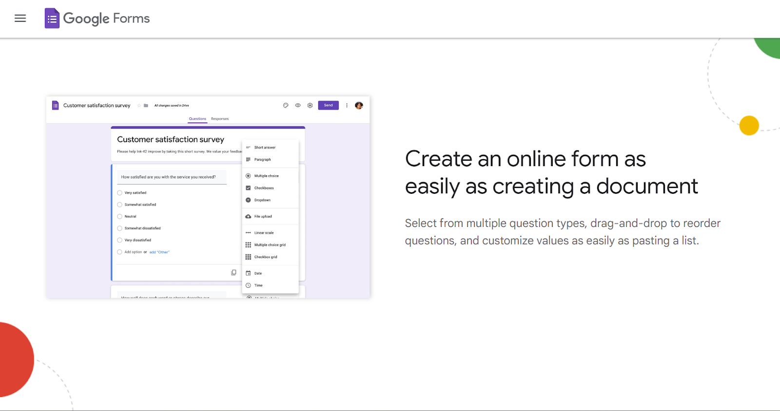 A screenshot of the Google Forms homepage outlining the features and showing an example survey titled “Customer satisfaction survey