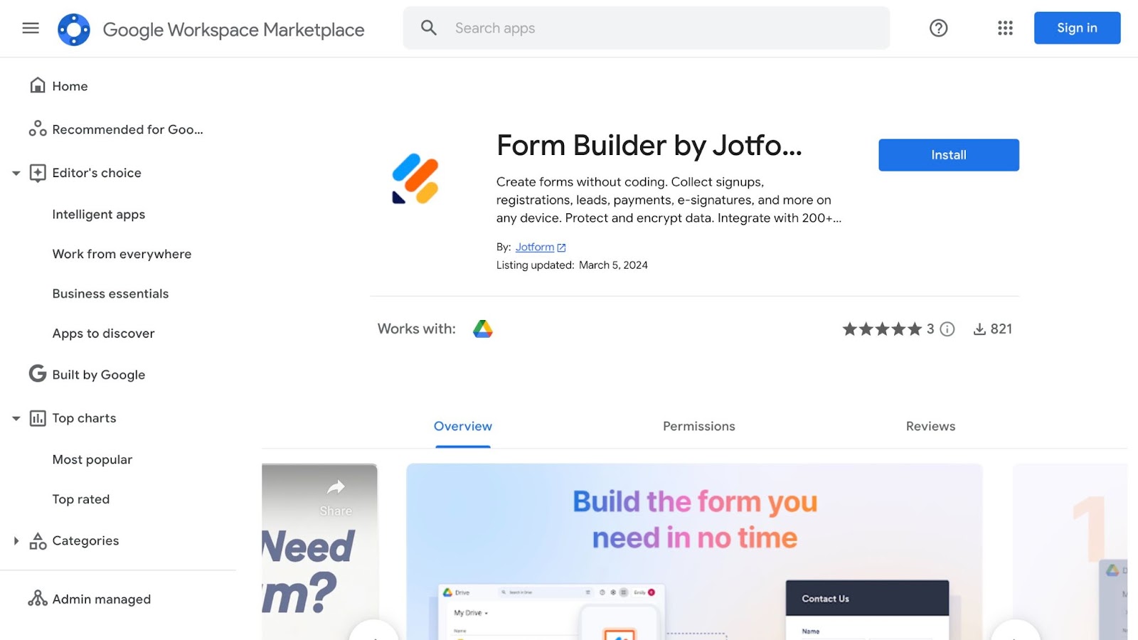 Screenshot of Jotform's form builder as an add-on available on the Google Workspace Marketplace