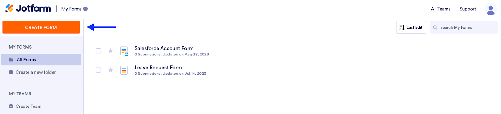 My Forms Page in Jotform Form Builder Clicking on Create Form
