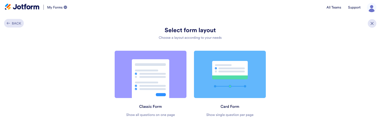 Select Form Layout Page in Jotform Form Builder Viewing Classic and Card Form Layouts