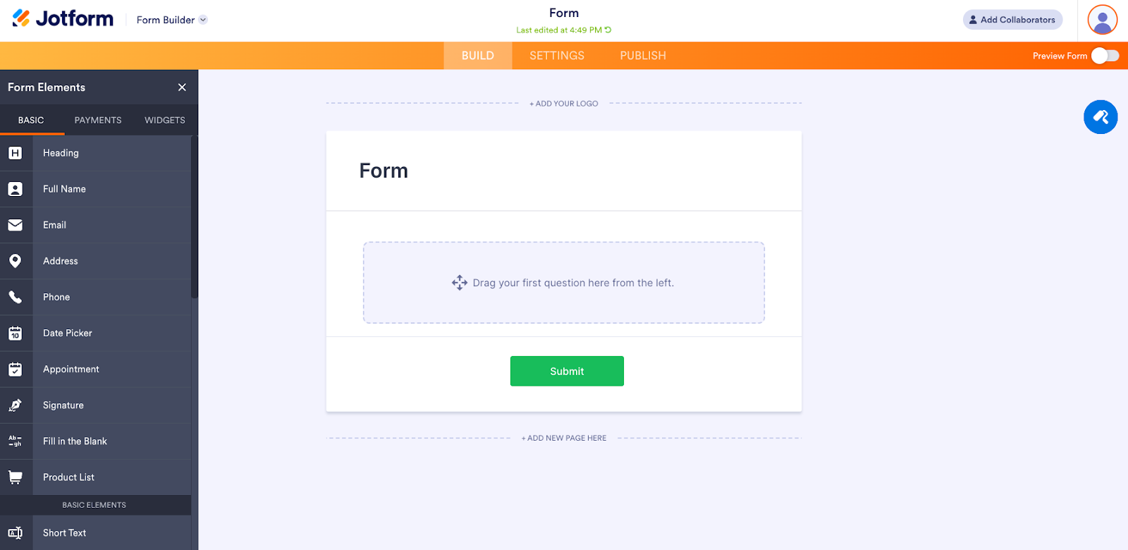 Basic Form Elements in Jotform Form Builder