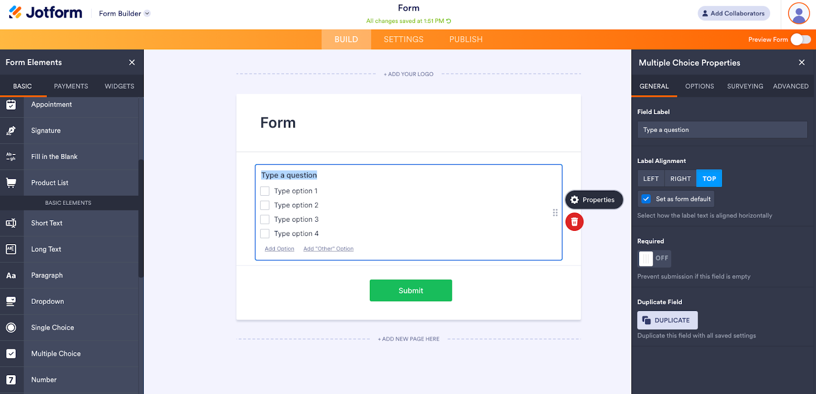 Editing Multiple Choice Properties in Jotform Form Builder