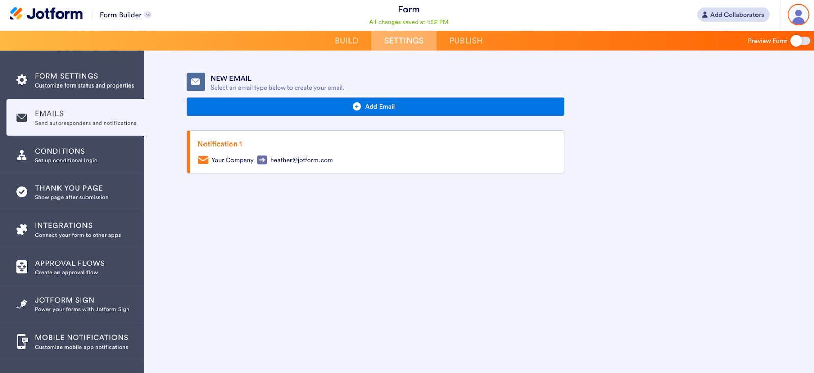 Editing Email Settings in Jotform Form Builder