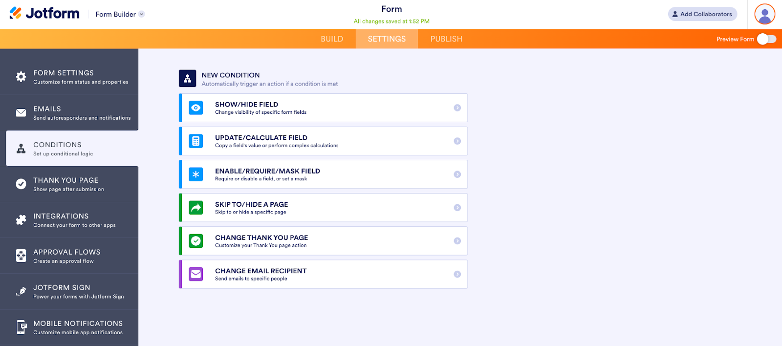Condition Settings Page in Jotform Form Builder Setting Up a New Condition