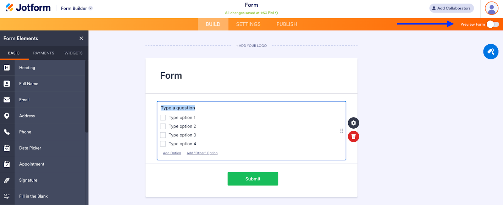 Toggling on the Preview Form Button in Jotform Form Builder