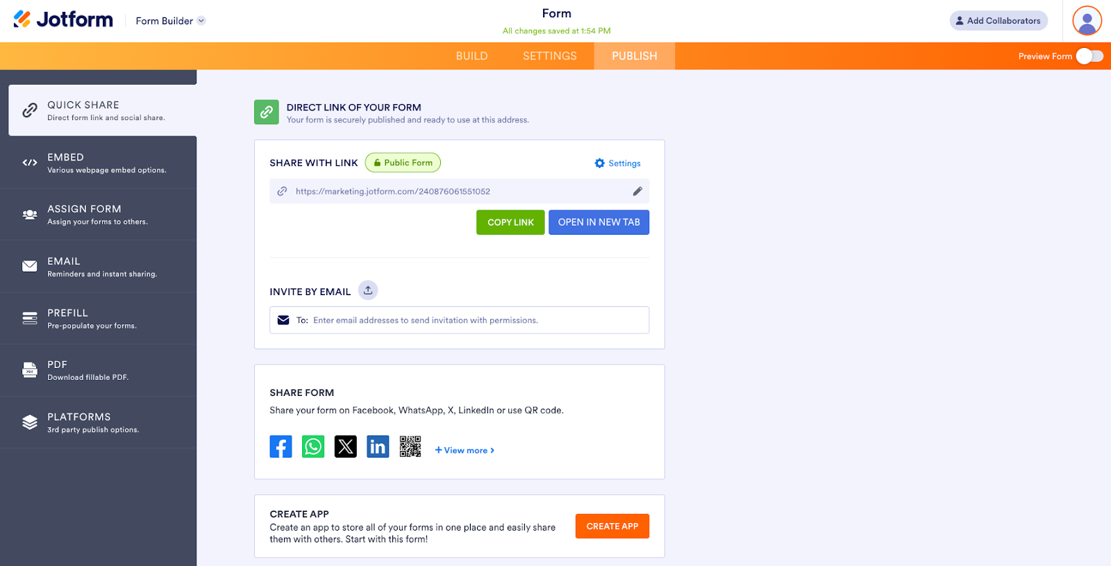 Quick Share Settings Under the Publish Tab in Jotform Form Builder