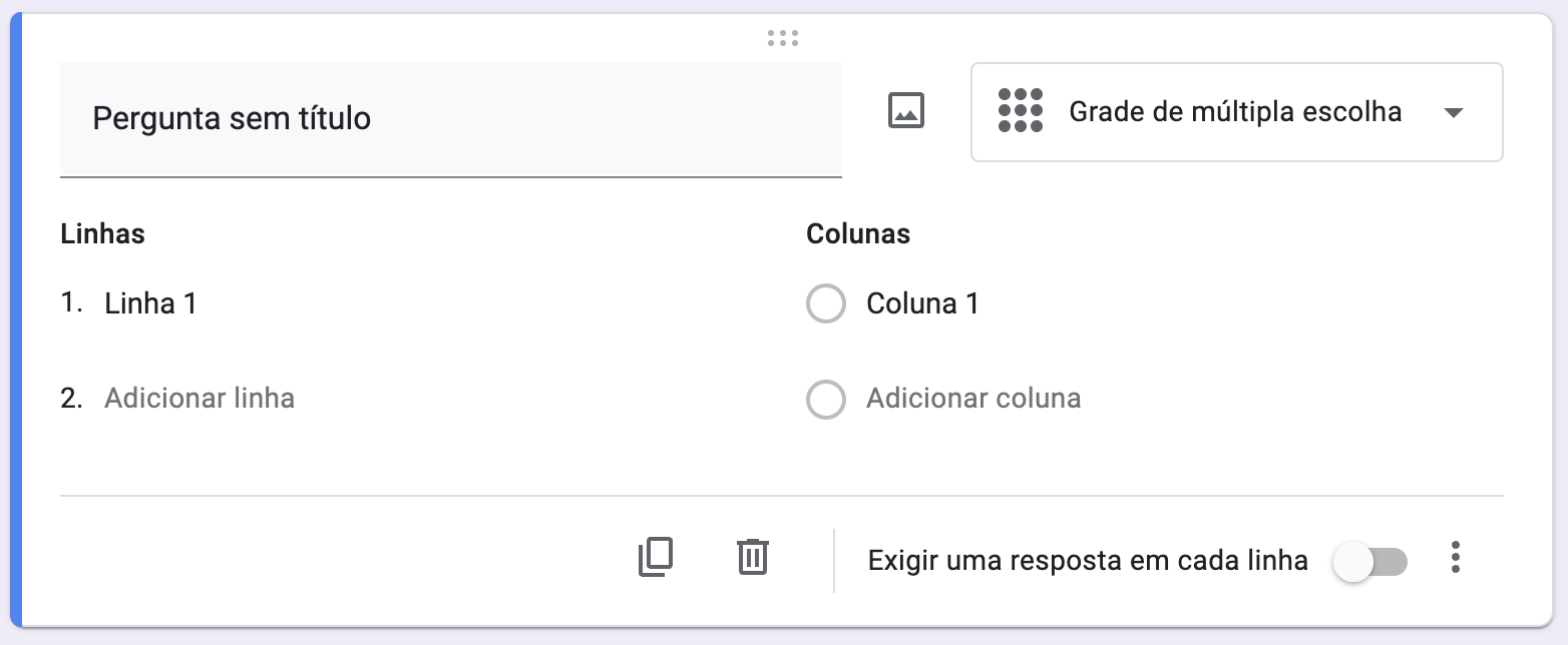 Uma captura de ecrã de um exemplo de formulário Google de grelha de escolha múltipla, com colunas e linhas estabelecidas