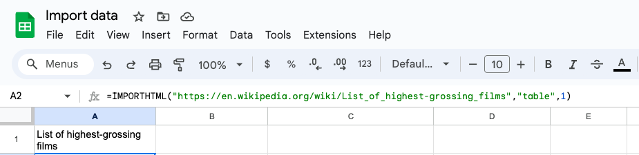 Screenshot of Google Sheets displaying the IMPORTHTML function