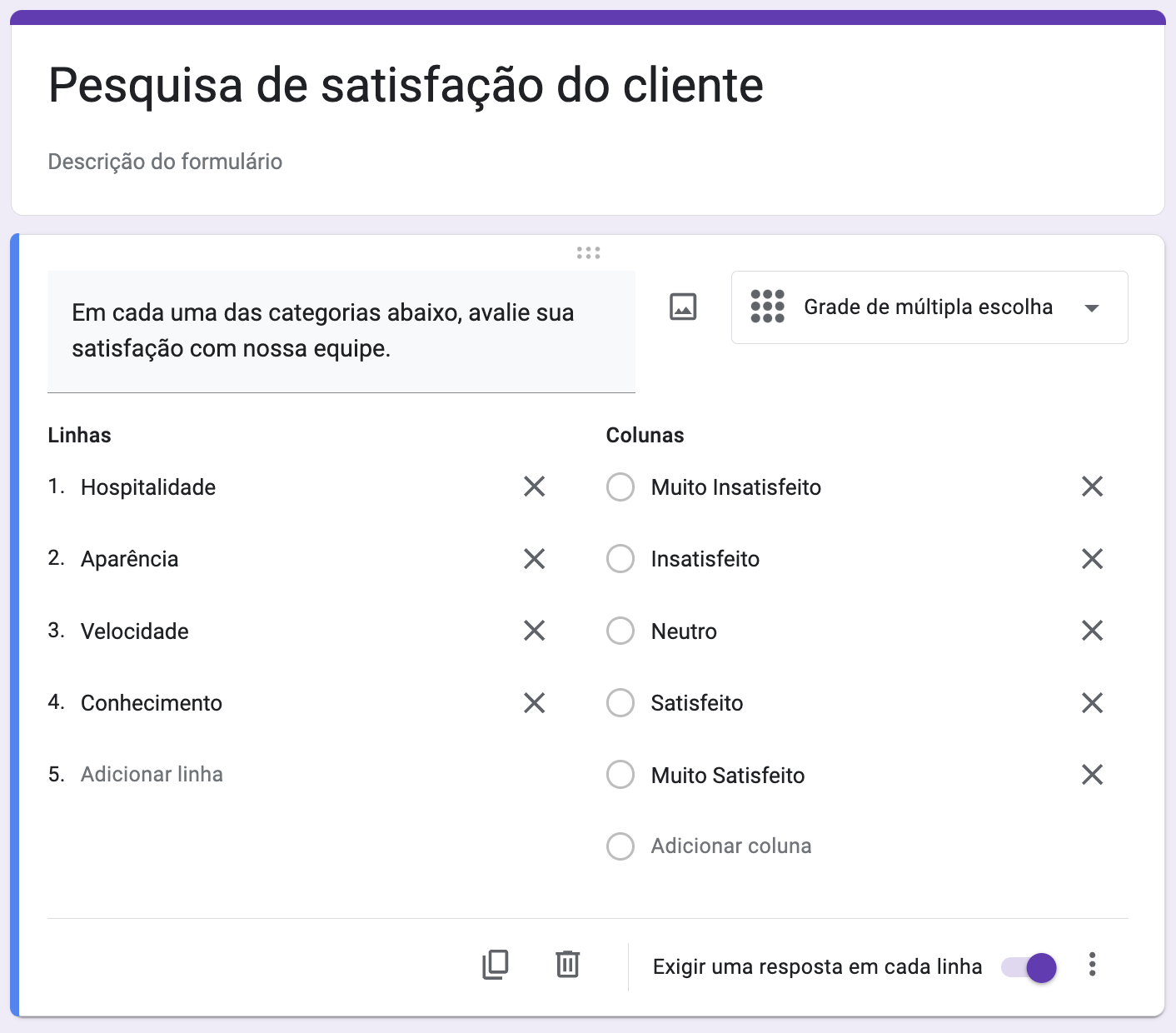 Uma captura de ecrã de um exemplo de formulário Google de grelha de escolha múltipla preenchido