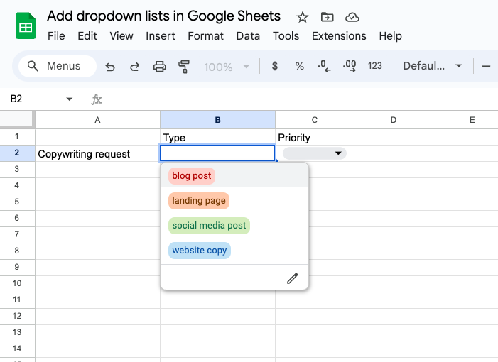Screenshot of Google Sheets creating a dropdown list