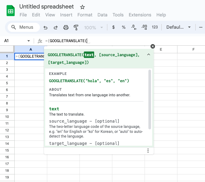 Screenshot of Google Sheets checking how a formula works with GOOGLETRANSLATE function