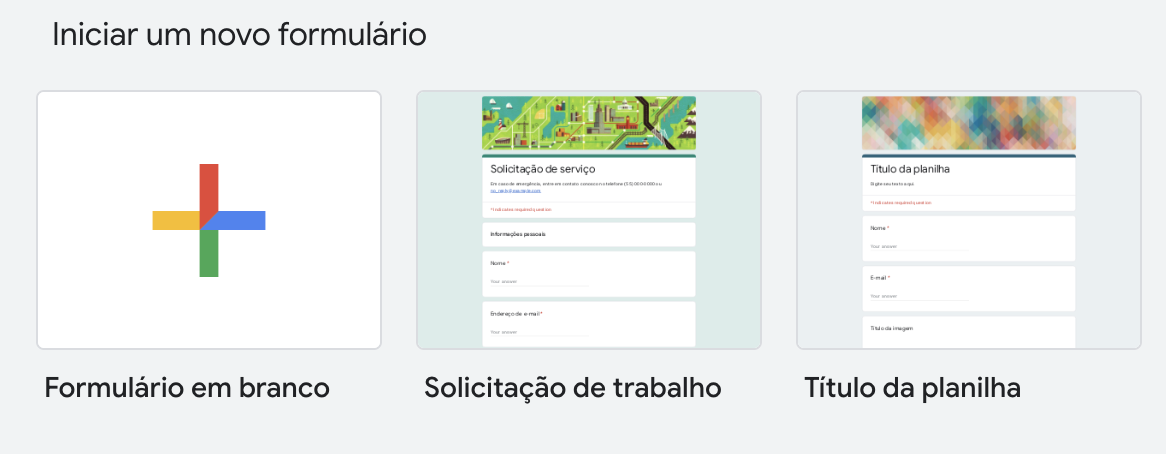 Captura de ecrã da página inicial do Formulários Google clicando no sinal de mais para criar um novo formulário
